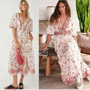 Free People Lysette Maxi Floral V Neck Dress Cinch Waist Pink Red Tie Waist SM